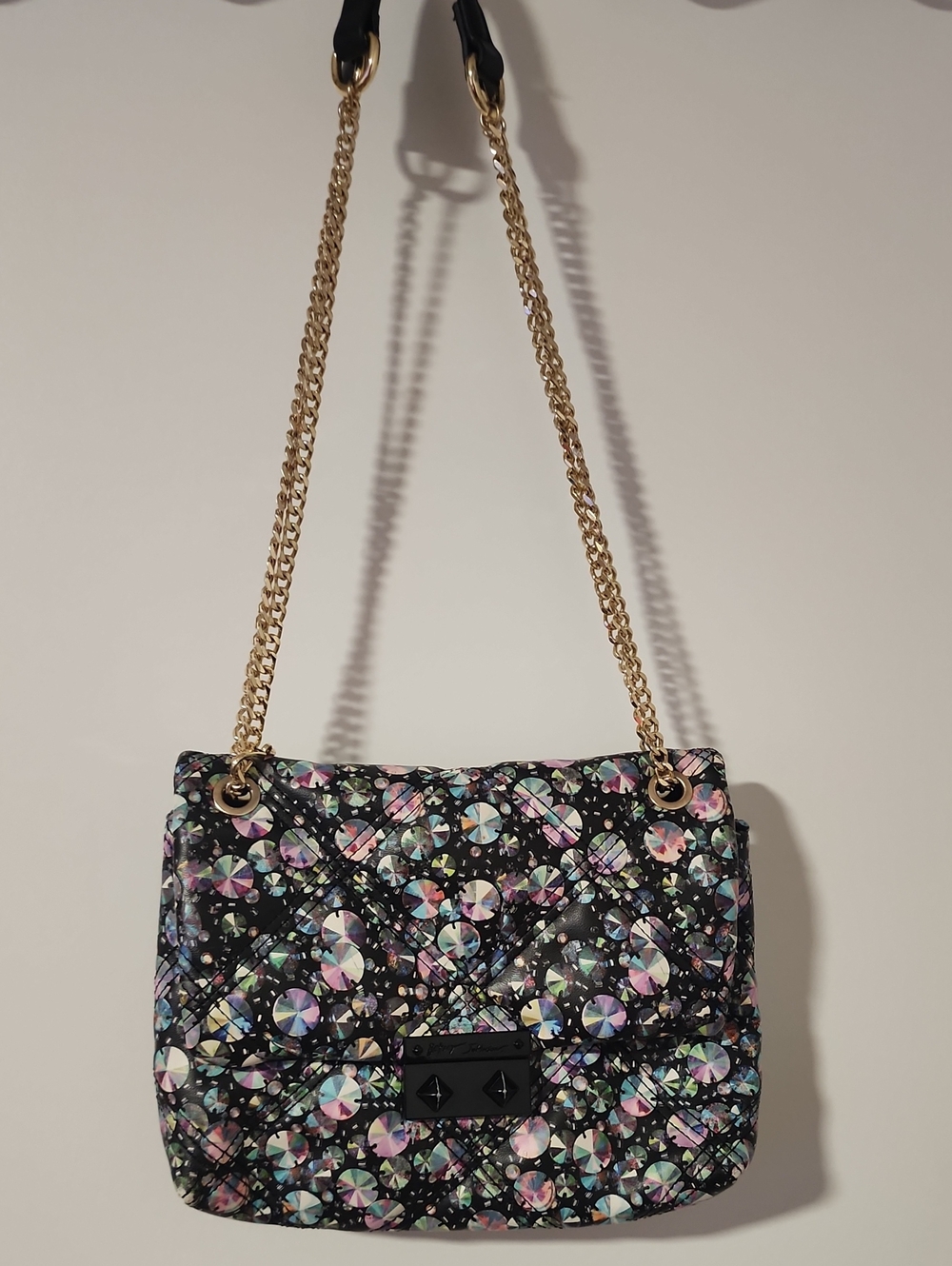 Quilted Black Shoulder Bag with Iridescent Multicolor Print and Gold Chain